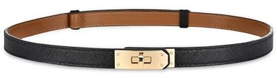 ANHAISHUILV Women's Skinny Leather Belt with Adjustable Golden Turn-Lock Buckle - Ideal for Dresses, Jeans, and Coats, Black, Standard