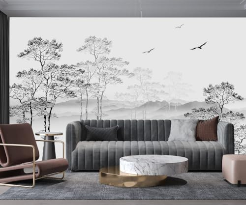 Fototapete 3D Seide Schwarz und Weiß Natur Wald, 356 X 250 cm Wandbild Panorama Bäume Berg Vögel Minimal für Wohnzimmer, Erwachsene, Kinderzimmer, Restaurant Dekoration