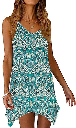 AUSELILY Damen Sommerkleid Strandkleid Damen Ärmellos V-Ausschnitt Casual Kurz Strandkleid Leichte Kurze Freizeitkleid Kleid Spaghettiträger
