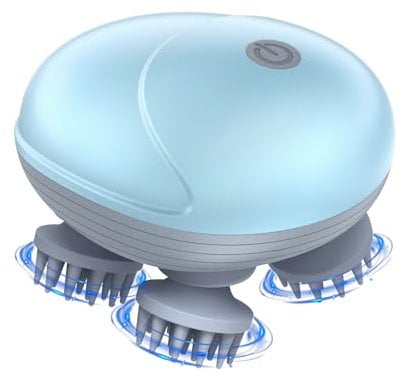Ankilo Elektrisches Kopfmassagegerät,Kabelloses Handmassagegerät mit 4 Knetköpfen Austauschbar,Kopfhaut-Massagegerät,IPX7 Wasserdicht Katzen Massagegerät,für Ganzkörpermassage,HundeköRper Blau