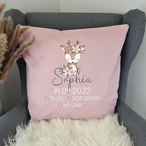 Nessy's Kreativ Fabrik/Babygeschenk mit Geburtsdaten personalisiert - mit Namen als Geschenk zur Geburt - Namenskissen für Baby's Jungen & Mädchen / 100% hochwertige Baumwolle/Geburt Sophia (Rose)