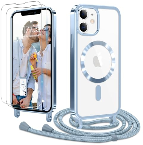 Ethanger Handyband für iPhone 12 iPhone 12 Pro Hülle mit Band + 2 Stück Glas Schutzfolie Transparent Silikon Handyhülle Magnetische Schutzhülle Case zum Umhängen für iPhone 12/12 Pro Blau