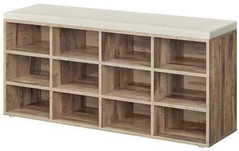 VASAGLE Shoe Bench, Storage Bench with Padded Seat, with Cushion, 12 Compartments, Adjustable Shelves, for Living Room, Hallway, 30.3 x 104 x 48 cm, Camel Brown LHS012K03