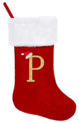 AICHLO Weihnachtsstrümpfe mit Monogramm, Buchstabe, personalisierbar, Weihnachtsstrümpfe, roter Strumpf für Weihnachten, Plüschbündchen, Initiale, Weihnachtsstrümpfe, Weihnachtsgeschenk, 50,8 cm