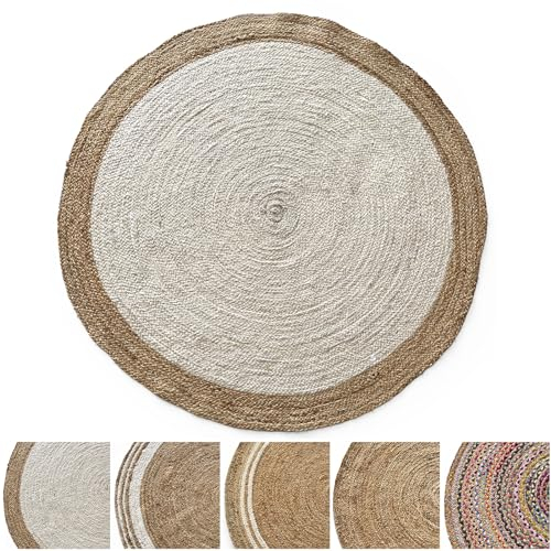 KARAT Jute Teppich rund 90cm Ø Bastteppich aus 100% Naturfaser - geflochten Boho Juteteppich, Handgewebter Naturteppich für Küche & Wohnzimmer robust & reißfest (Agra)