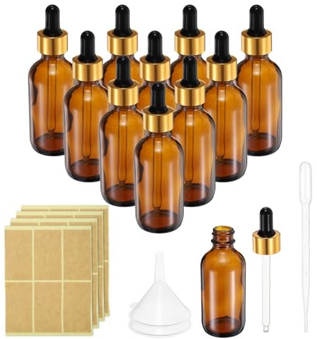 PATIKIL 60ml Glass Dropper Bottle, 12Pcs Leakproof Essential Oils Sample Liquid Perfume Container with Eye Dropper Label Funnel for Storage Home Travel, Amber