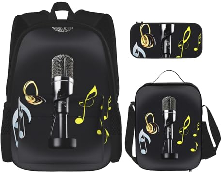 HJLUUFT Microphone with Music Notes Practical 3pcs Backpack Set â€“ Large School Bag With Lunch Box And Pencil Case For Students,Backpack And Lunch Box Set