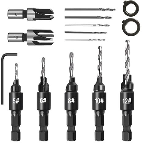 Countersink Drill Bit Set,5PCS 1/4 inch Hex Shank Adjustable Counterbore Drill Bits Kit,2PCS Wood Plug Cutter,2 Stop Collars with L-Wrench,for Drilling Holes in Wood Plastic Soft Metal Chamfering Tool