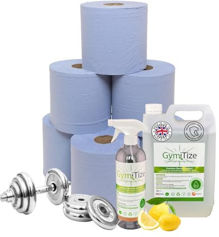GymiTize Eco Friendly Gym Equipment Disinfectant Spray cleaner (5 Litre Bundle), Including 1 x Triggered Spray bottle and 6 x 2 Ply Blue Centerfeed Rolls: 500 Sheets Per Roll.