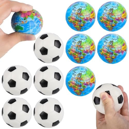 Fizdoqg 12 Stück Stressball Fussball 6cm Mini Fussball Anti Stress Bälle, 6 Fußball Stressbälle und 6 Antistressball Weltkugel für Kinder und Erwachsene, Fussball Mitgebsel Jungen