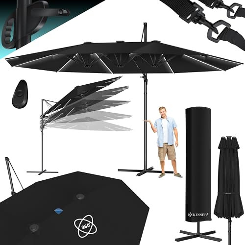 KESSER® Sombrilla, 4,6m x 2,7m Sombrilla - Cubierta y Protección Contra el Viento, Con Manivela y Soporte, Aluminio, Hidrófuga, Inclinable - Inclinable, Orientable 360°, Negro - Sin LED