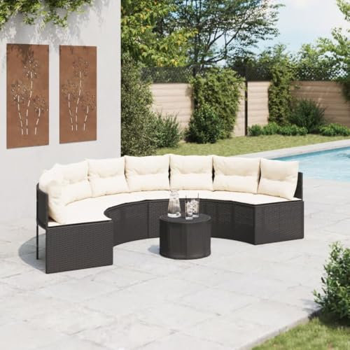 Rantry Gartensofa, Tisch und Kissen, halbrund, schwarz, Polyrattan, Sofas für den Außenbereich, Sofa, Sofa für Terrasse im Freien, Möbel