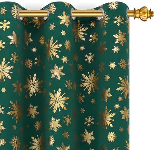 FRAMICS Weihnachtsvorhänge für Wohnzimmer, goldene Schneeflocken-Folien-Druckvorhänge, Verdunkelungsvorhänge für Schlafzimmer, grüner Weihnachtsvorhang, 160 cm Länge, 2 Paneele, Fenstervorhang mit