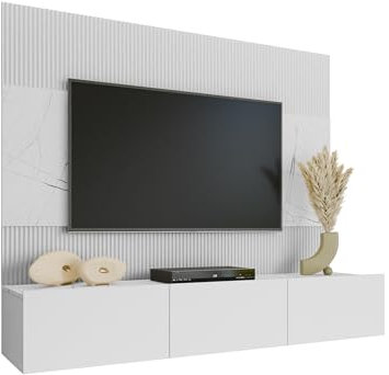 Mirjan24 Wohnwand Deromi, Anbauwand mit Wandpaneele und TV-Lowboard, Akustikplatten, Fernsehschrank, Schrankwand, Mediawand, TV-Lowboard (Weiß + Weiß Marmor, ohne Hängeregal)