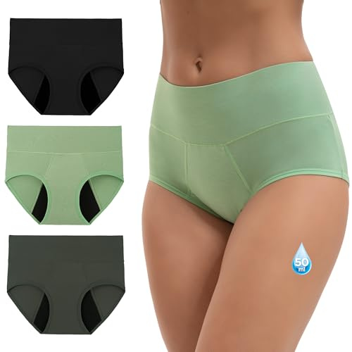 INNERSY Period Pants Heavy Flow Menstrual Briefs, 12,Black/Steel Grey/Green