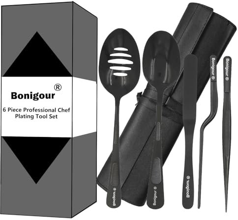 Bonigour Juego culinario de herramientas de chapado, kit de 6 herramientas profesionales de chapado de chef, utensilios de chapado, espátula, pinzas para cocina modernista, arte alimentario, negro,