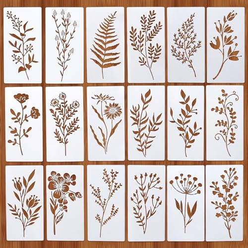 18 Stück Schablonen Textilgestaltung,3 x 6 inch Schablonen Wandgestaltung Malen,Blumen Blätter Malschablonen Wiederverwendbar,Kunststoff Stencil Schablonen Malen für Scrapbooking Möbel Deko