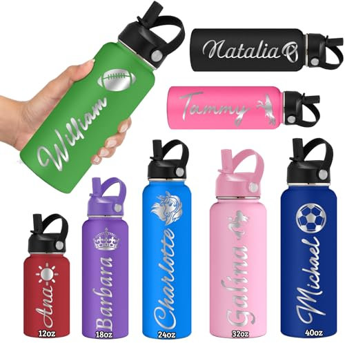 Botellas de agua personalizadas, botella de agua personalizada de acero inoxidable con aislamiento grabado, botella de agua de doble pared, botellas de agua personalizadas con nombre, ideal para la