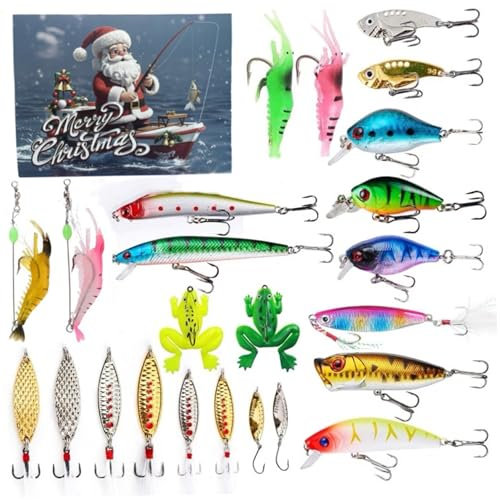 Wedhapy Weihnachts-Angel-Adventskalender 2024 24 Tage Countdown Angelgerät-Adventskalender inklusive verschiedener Köder Weihnachts-Adventskalender für Männer Angler