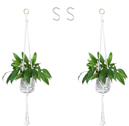 Quacc Makramee-Pflanzenhänger aus Baumwollseil, mit S-Haken zum Aufhängen, Pflanzkorbhalter, weiß, hängender Blumentopfhalter für Hängepflanzen, Boho-Heimdekoration, 94 cm, 2 Stück