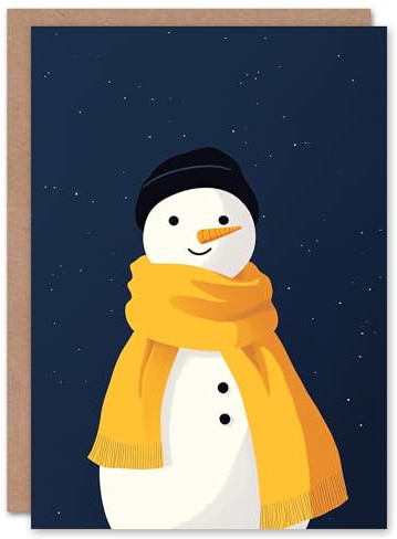 Artery8 Cute Snowman Yellow Winter Scarf Starry Night Blank For Him Or Her Art Christmas Card