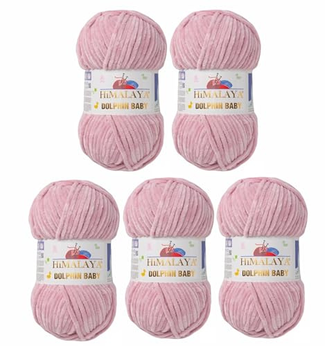 5 x Himalaya Dolphin Baby Wolle Garn Baumwolle Strickwolle zum Stricken häkeln super Bulky Chenille Garn Wolle Strickgarn 100g 120m Polyester Elomnia (5x-A1-80349 Altrosa)