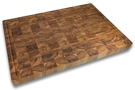 Hackblock Stirnholz XXXL Premium Schneidebrett Eiche 60x40x4,5 cm – Tranchierbrett mit Saftrillen, Rutschfeste Füße, Langlebiges Küchenbrett aus hochwertigem Eichenholz