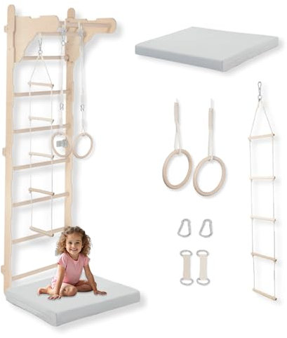 Gymnastics rung wall for children (210 cm), wall-mounted wooden ladder, climbing ladder for children, gymnastics rings, protective mat, climbing rope, 100% eco-friendly, made in the EU