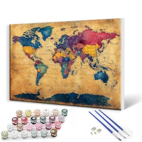 Dipingere con i Numeri Adulti retrò Mappa del mondo Quadro da Dipingere con Numeri con Telaio 30 x 40 cm, Paint by Numbers Creativi Adulti Crafts con Colori Acrilici e Pennelli per Home Decor C-5