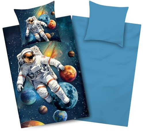 Aminata kids Bettwäsche 135x200 Kinder Jungen - Weltraum Astronaut Planeten & Weltall Blau Bügelfrei atmungsaktiv und vorteilhaft für Allergiker - Mikrofaser (100% Polyester)