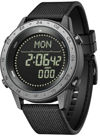 Militärische Armbanduhr, wasserdicht 3 ATM – Schrittzähler, Kompass, Aktivitätstracker für Herren/Damen/Kinder – Sport/Wandern, Schwarz
