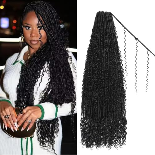 FALEMEI Boho Locs Crochet Hair 30 Inch Goddess Braids Crochet Hair for Black Women 8 Packs Boho Faux Locs With Curly Ends Pre Looped Bohemian (1B#, 30 Inch (Pack of 8))