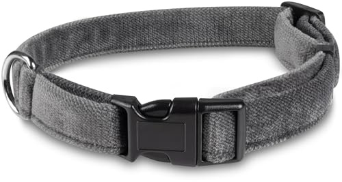 Bunty Handmade Dog Collar, Medium - Luxury Soft Fabric Collars with Secure Metal D-Ring, Quick Release Buckle, Adjustable Size Buckles - Made in UK - Medium (43/35cm), Grey