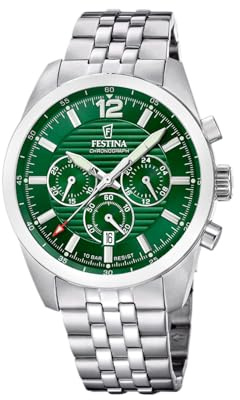 Festina Herren Uhr Analog aus Edelstahl 316L Silber - Quarzwerk - Chronograph - Kalender - Widerstandsfähiges Mineralglas - Wasserdicht bis 10 ATM F20742/2 Timeless Chronograph