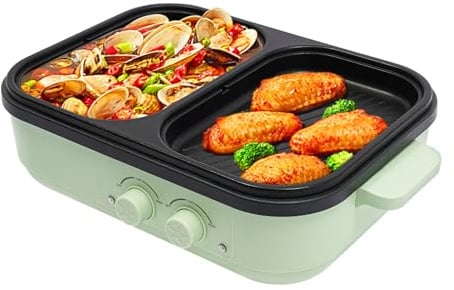 ROGONPDK 2 in 1 Elektrisch Bratpfanne | 1300W Antihaftbeschichtet Hot Pot und Grillbereich | Mehrzweck Kochtopf Bratpfanne (0.2L) und ein Kochtopf (1L) | Elektrogrill Grillpfanne für 1-3 Personen
