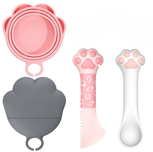 Set Cuchara Latas Abridor Tapa 65/73/82mm para Perros Gatos Silicona | Raspa fondo no desperdicia, abrelatas palanca, cierre hermético nevera, grado alimentario sin BPA, ideal comida húmeda paté
