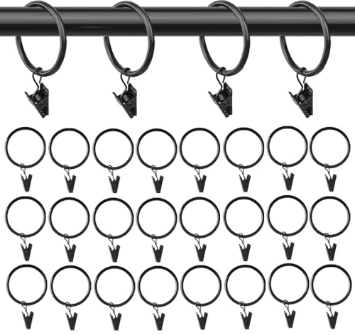 24 Pack Black Curtain Rings with Clips - Heavy Duty Metal Rustproof Drapery Ring Hooks for 1 Inch Rods, for Living Room, Bedroom Window Drapes