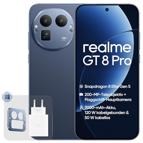 realme GT 8 Pro, 16+512 GB, Snapdragon 8850, 200MP Telekamera, 50MP IMX906 OIS, 6,78 2K 144Hz Display, 7000mAh Akku, 50W kabelloses Laden, IP69, Blau, Adapter inklusive