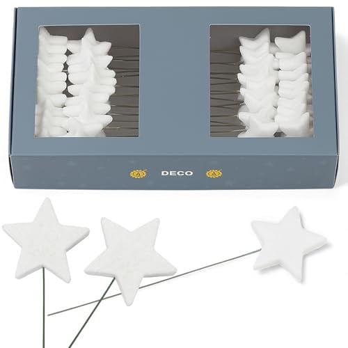 MIJOMA 60 glitzernde Sterne mit Draht 40mm zum Stecken Weihnachtsdeko Adventsgestecke Bastelmaterial Dekoration Drahtsterne Kunststoff Metalldraht winterliche Tischdeko DIY (Weiß)