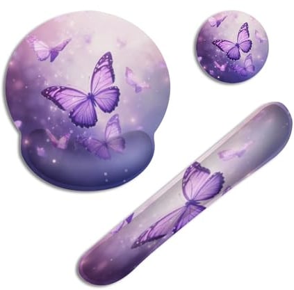 Purple Butterfly Ergonomic Mouse Mat with Wrist Rest,Glittering 3-in-1 Memory Foam Keyboard Wrist Support Set, Non-Slip Base for Comfortable Typing, Gaming and Office Use for Women and Home Desk