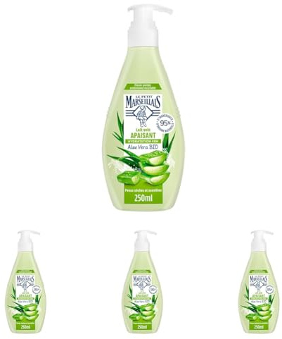 Le Petit Marseillais - Lait Soin Apaisant (Flacon-Pompe de 250 Ml) – Lait Corps pour Peaux Sèches et Sensibles – Lait Corporel Hydratation 48H à l'Aloe Vera Bio (Lot de 4)