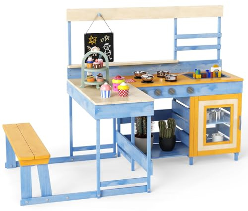 COSTWAY Matschküche mit Picknicktisch & Bank, Kinderküche Tannenholz mit Dessertzubehör Küchengeschirr und Tafel, Spielküche Outdoor Küche für Kinder ab 3 Jahren (Hellblau)