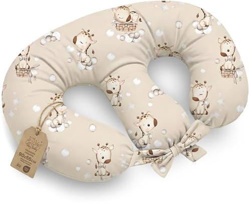 XXL Stillkissen für Zwillinge 90x50 cm in Halbmond-Form – Zwillingsstillkissen formstabil mit abnehmbarem Baumwollbezug – Breastfeeding Pillow Twins mit Gurten zur Fixierung Oeko-Tex Giraffen