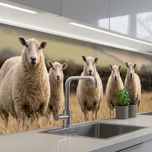 KitchenYeah© Spritzschutz Küchenrückwand Selbstklebend Küche Rückwand | 60x300 cm - Küchenwand Wand Küchenfront Verkleidung Küchenspritzschutz Schafe - Weidelandschaft - Hügel