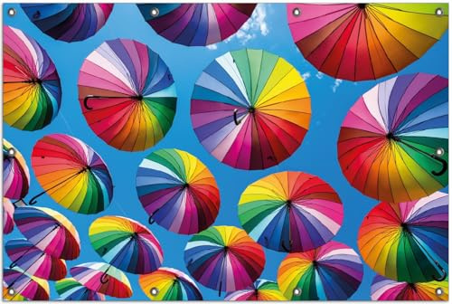 Wallario Outdoor-Poster für Garten oder Balkon Bunte Regenschirme vor blauem Himmel, Motivbanner Größe: ca. 100 x 150 cm, Outdoor-Bild