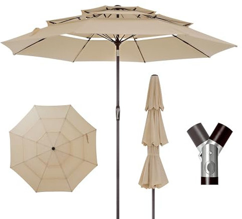 LUE BONA Sombrilla de Terraza, Sombrilla de Jardín de 300 cm, Toldo Ventilado de Tres Capas, Ángulo Ajustable, 8 Varillas y Manivela, Diseño Resistente al Viento