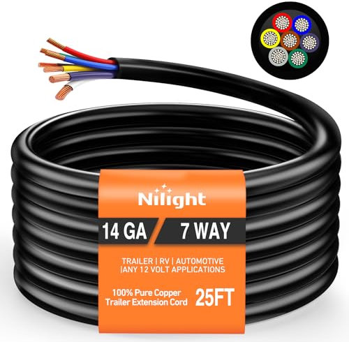 Nilight 25 Feet 7 Way Trailer Wire 14/7 Heavy Duty Pure Copper, 7 Conductor Insulated Cable, Durable Weatherproof, 7 Way Trailer Wiring Extension Cord for RV Caravan Accessories Automotive