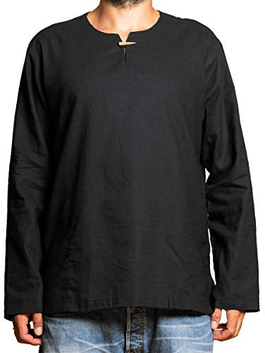 PANASIAM Fischerhemd Herren - Sommerhemd - Longsleeve Shirt - mit Holzknopf | Baumwollhemd aus 100% Baumwolle, Henley Shirt kragenlos, Fisherman Shirt für Alltag, Urlaub und als Mittelaltershirt T01