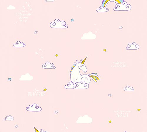 A.S. Création Papiertapete Boys & Girls 6 Tapete mit Einhörnern Unicorns 10,05 m x 0,53 m blau gelb rosa Made in Germany 361582 36158-2