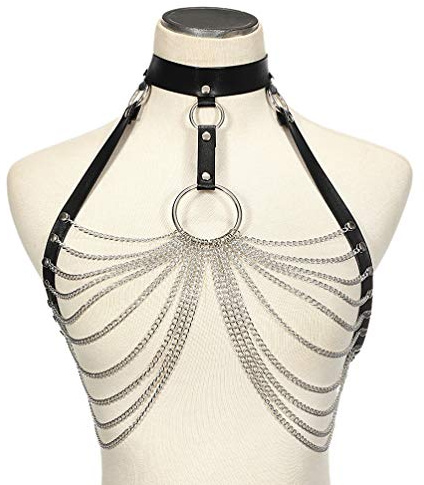 HQLCX körperkette Sexy Leder Harness Body Chain BH Goth Punk Rock Bondage Schwarz Brustgurt Kette Club Festival Modeschmuck Rave Outfit,Black